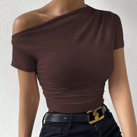 Tops - Coffee Brown Casual Women's Slim Fit Solid Color Collar Pleated Short Sleeve Tee
